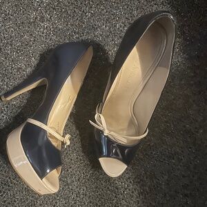 Enzo Angiolini Easavoye Navy and Tan Gold Peep Toe Shoe